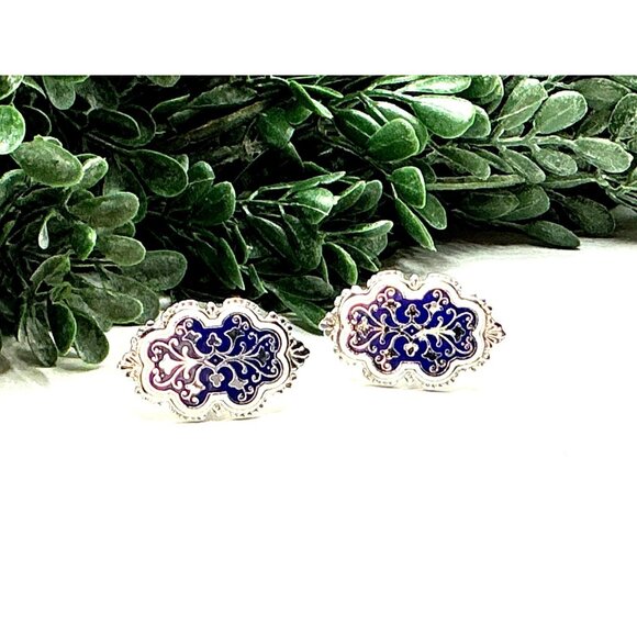 Silver Tone with Blue Enamel Design Cufflinks - Picture 3 of 6